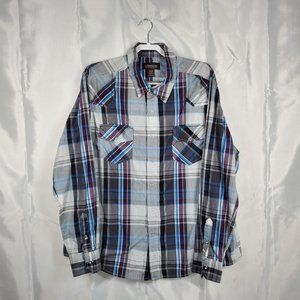 No Boundaries Long Sleeve Plaid Shirt w Snaps Blue Gray Purple Men Sz 2XL